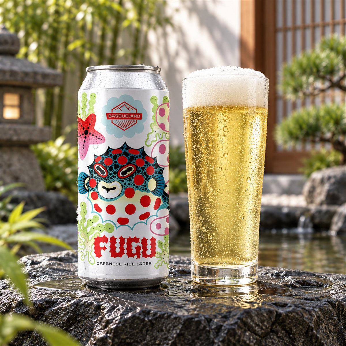 Basqueland Fugu Lata: bebida servida en vaso junto a su envase