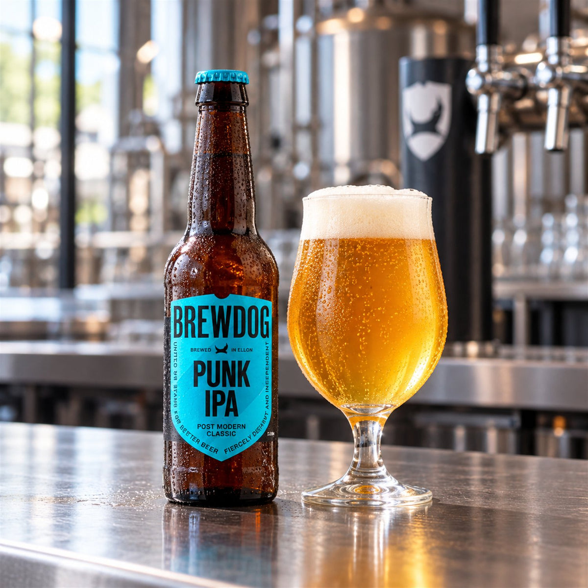 BrewDog Punk IPA: bebida servida en vaso junto a su envase