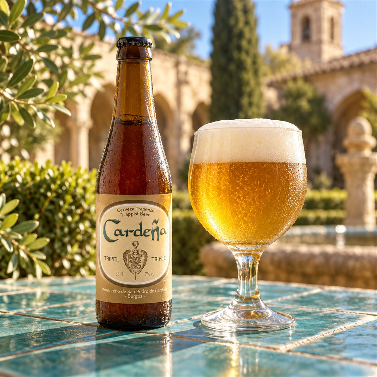 Cardeña Tripel: bebida servida en vaso junto a su envase