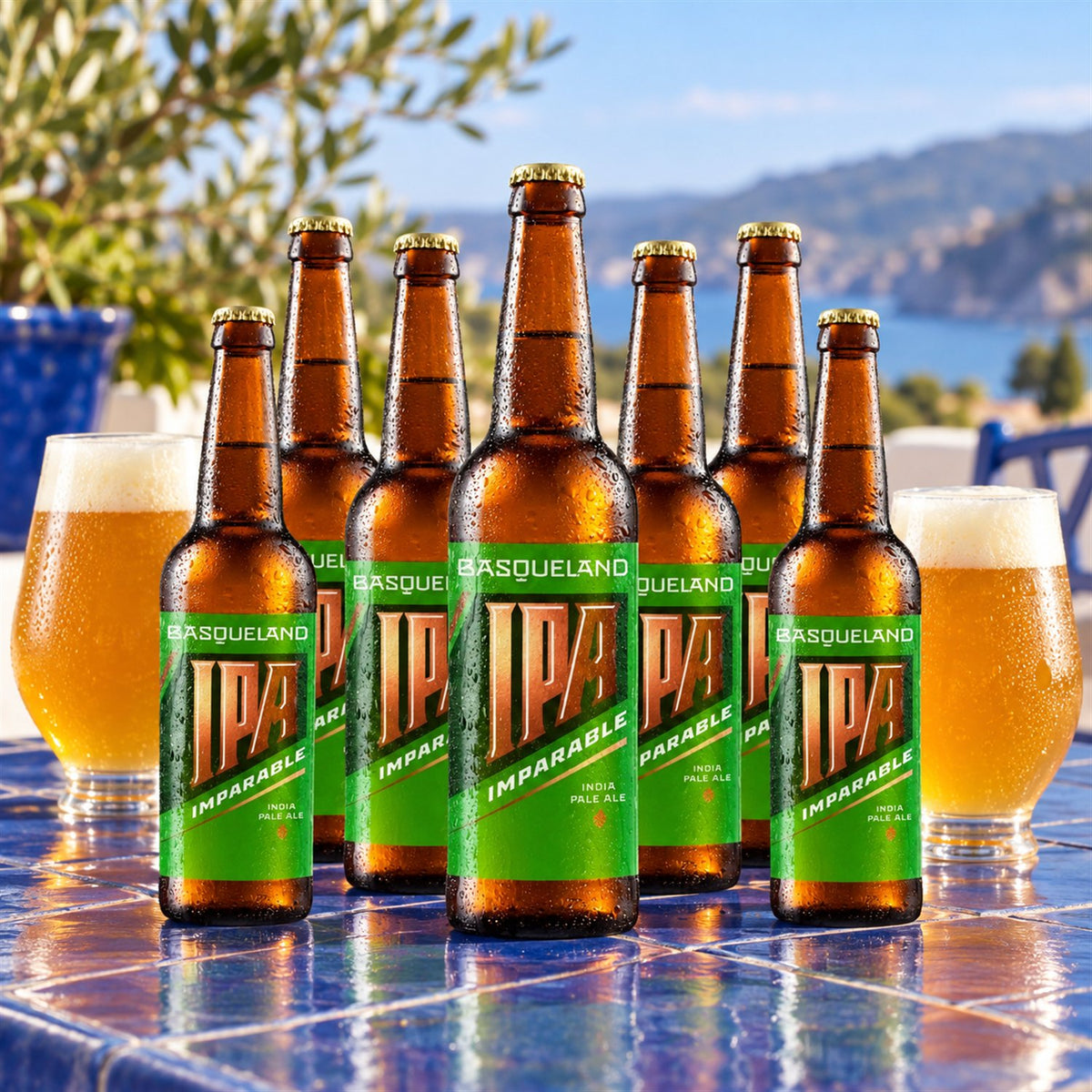 Basqueland Imparable Caja 24x33cl Botella: bebida servida en vaso junto a su envase