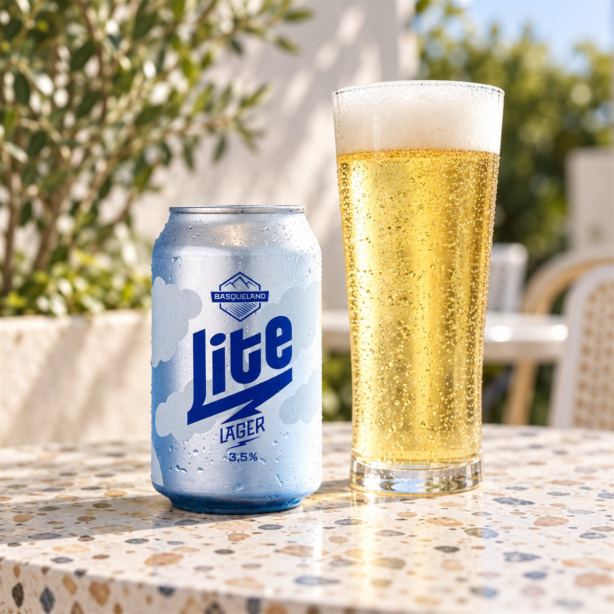 Basqueland Lite: bebida servida en vaso junto a su envase