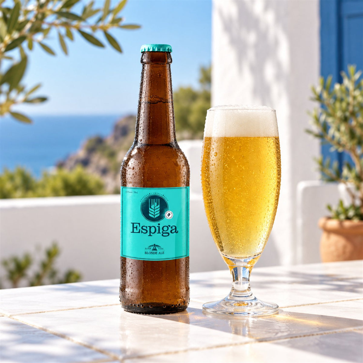 Espiga Blond botella: bebida servida en vaso junto a su envase