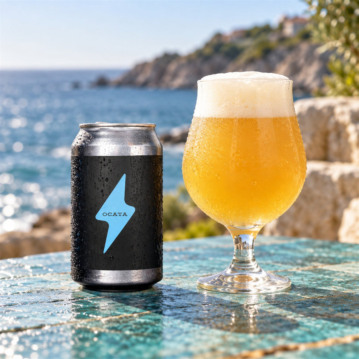 Garage Ocata: bebida servida en vaso junto a su envase
