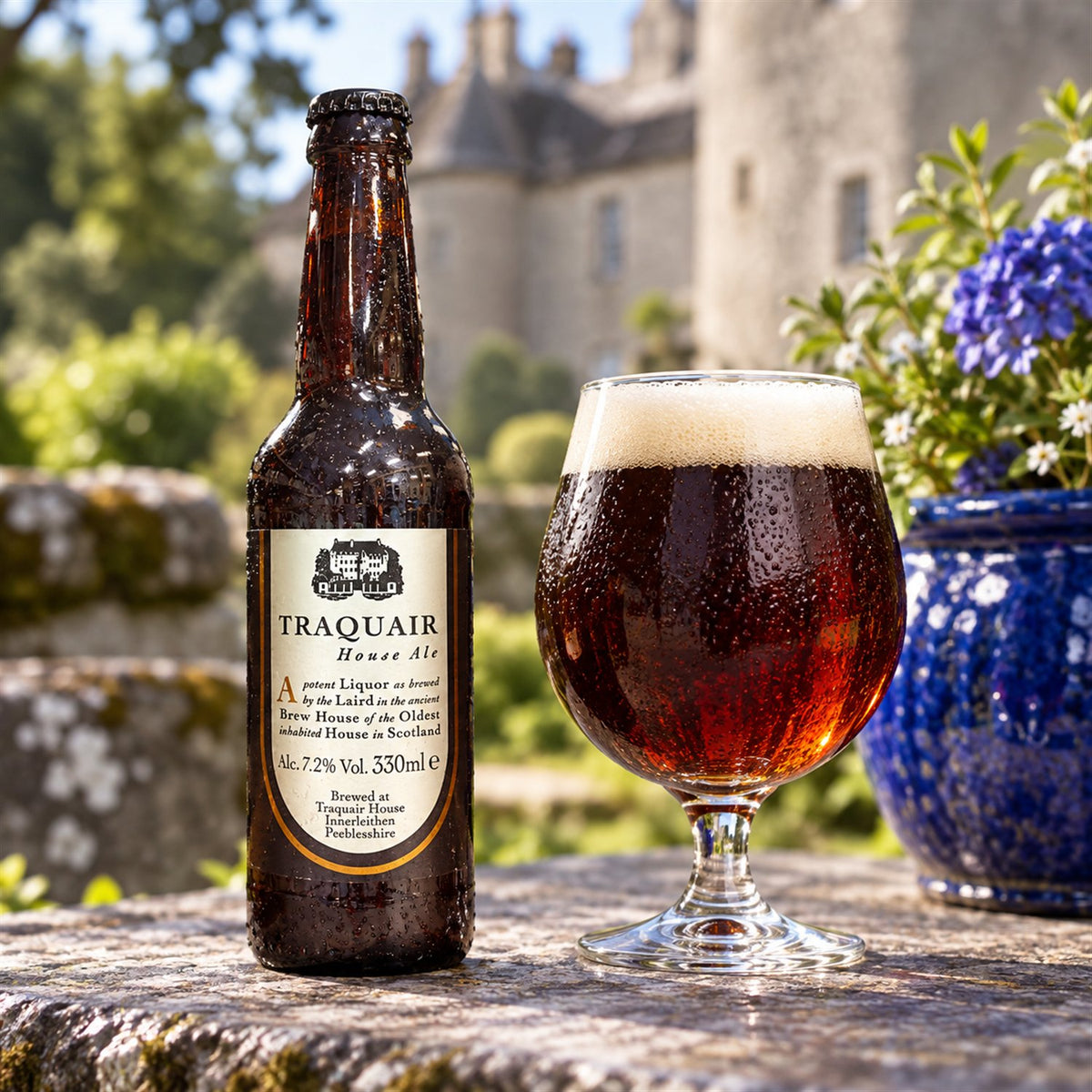 Traquair House Ale: bebida servida en vaso junto a su envase