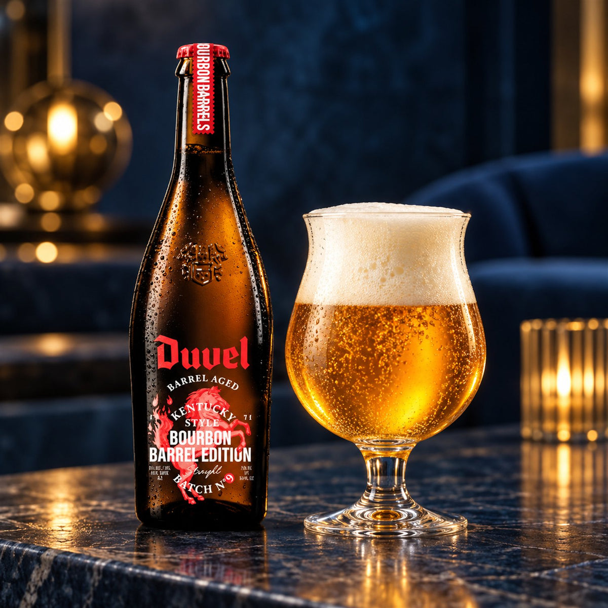 Duvel B.A.R. Kentucky Bourbon: bebida servida en vaso junto a su envase