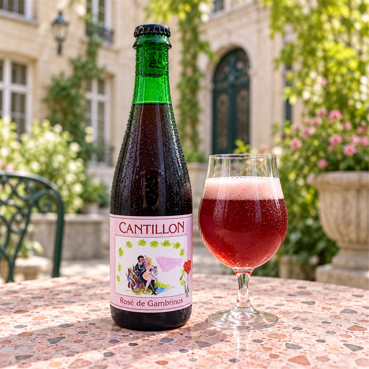 Cantillon Rosse Cambrinus: bebida servida en vaso junto a su envase