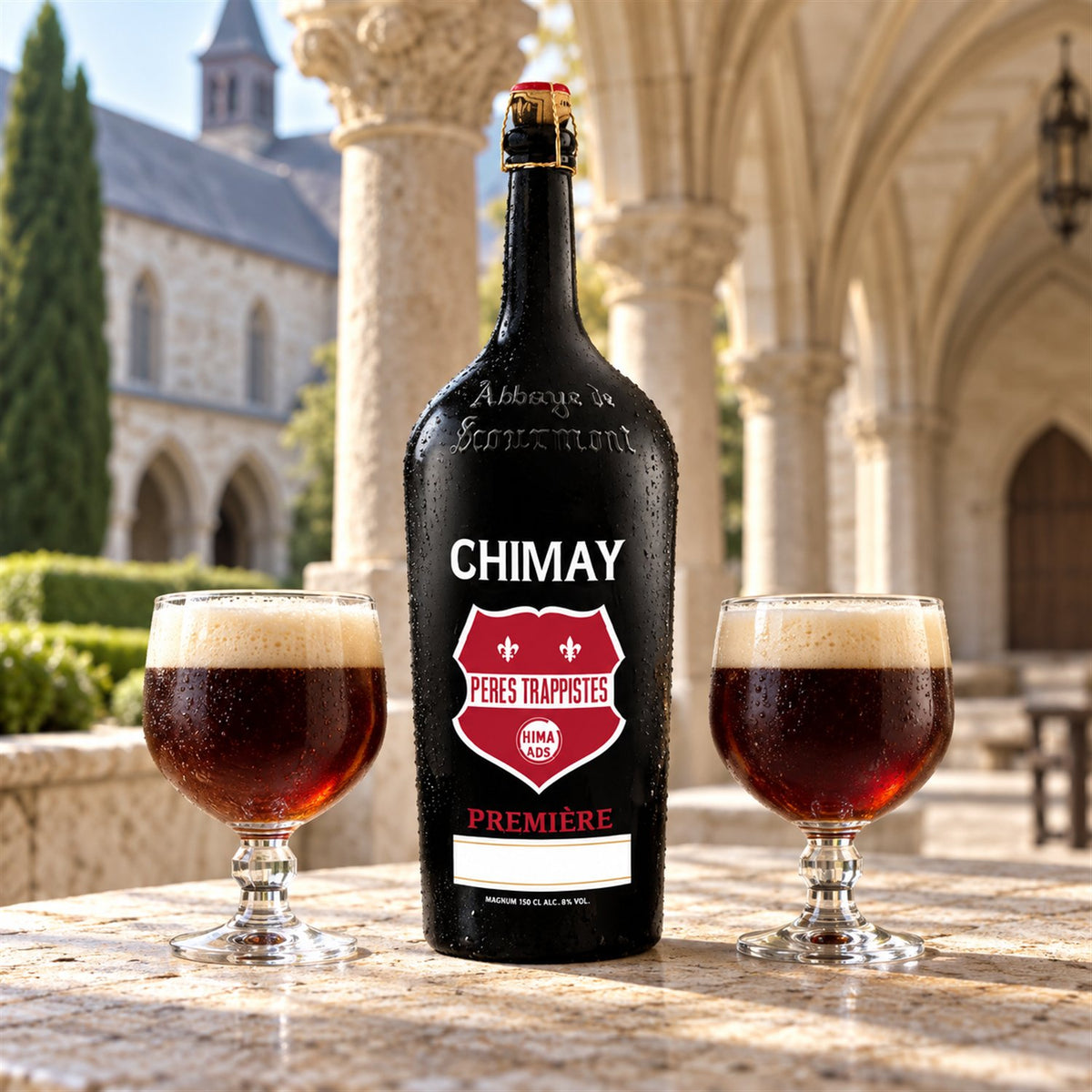 Chimay Premier: bebida servida en vaso junto a su envase