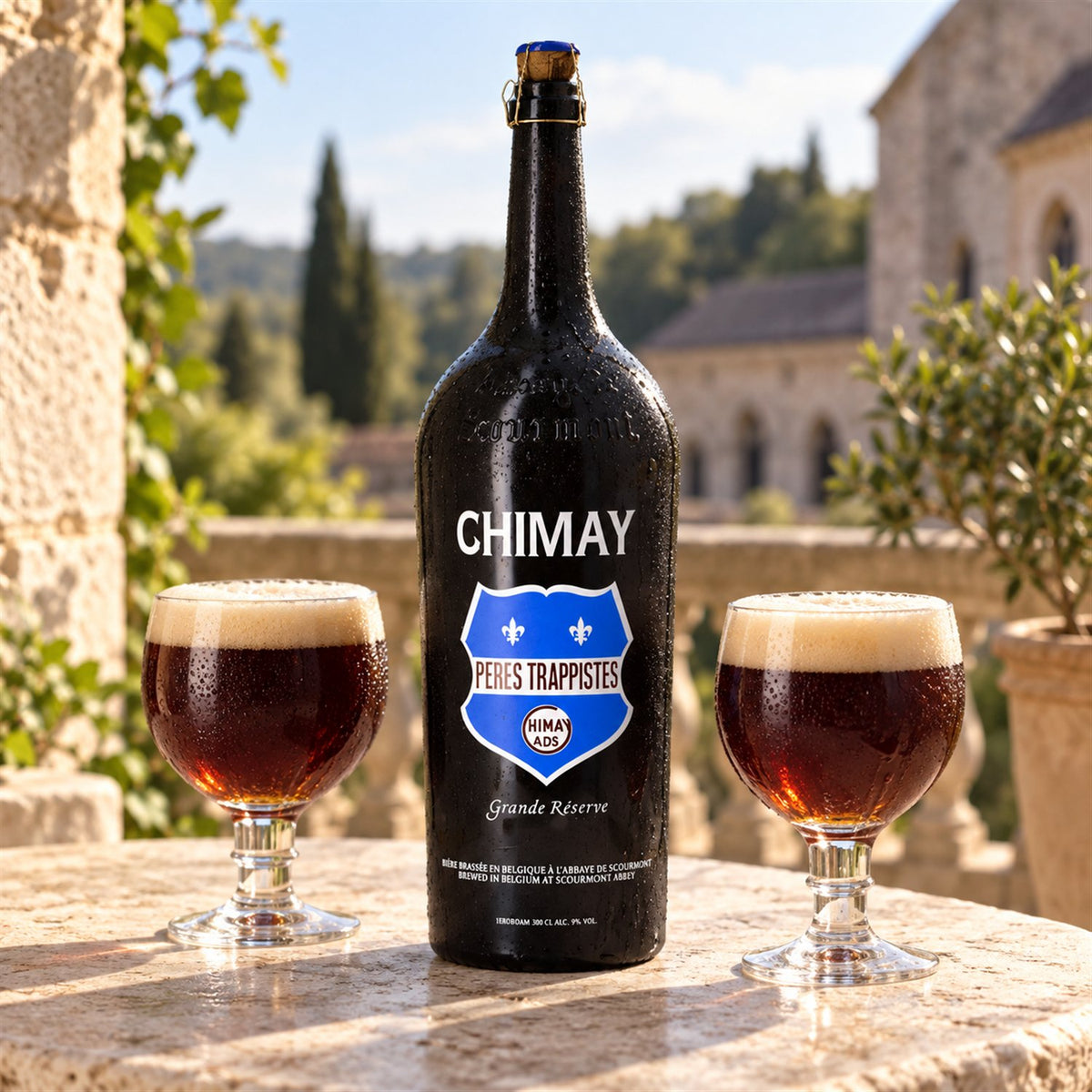 Chimay Magnum Gran Reserva: bebida servida en vaso junto a su envase