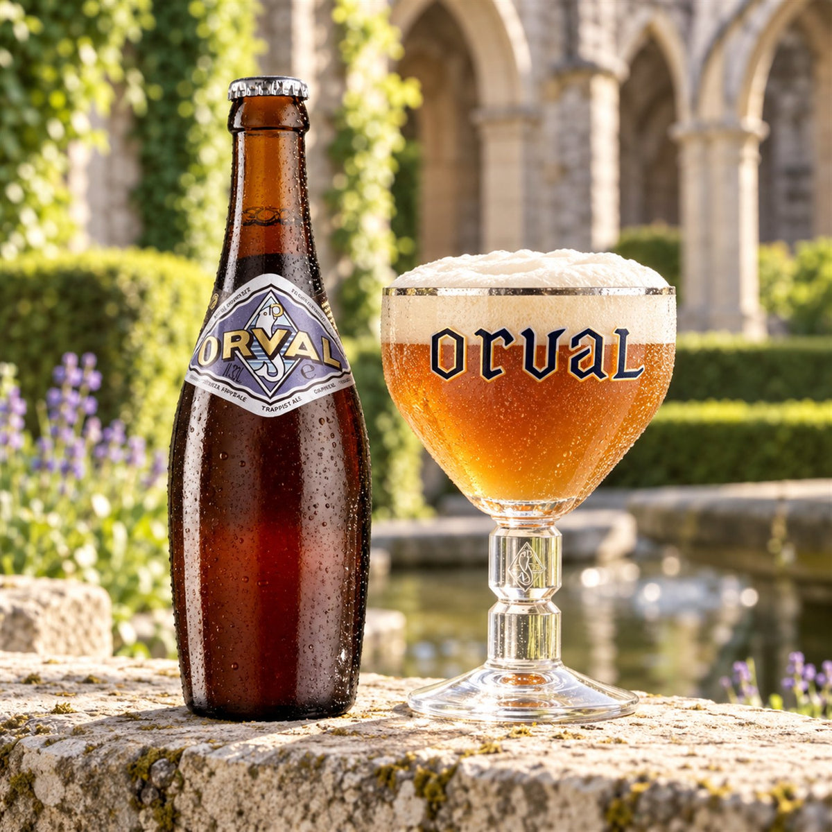 Orval: bebida servida en vaso junto a su envase