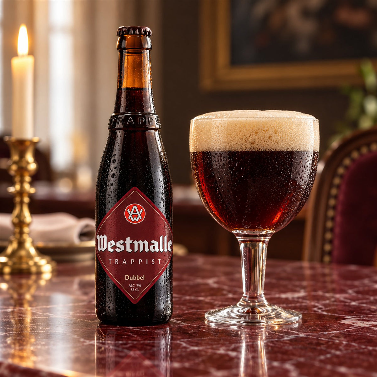 Westmalle Dubbel: bebida servida en vaso junto a su envase