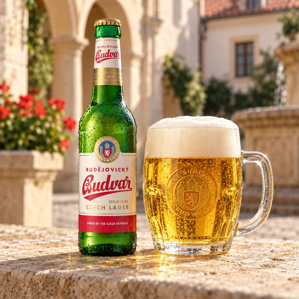 Budejovicky Budvar: bebida servida en vaso junto a su envase