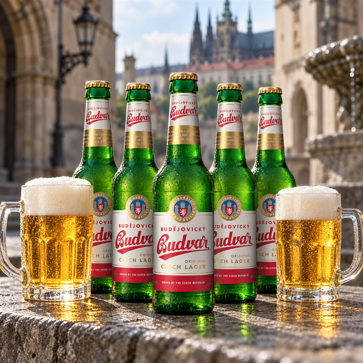 Budejovicky Budvar Caja 24x33cl Botella: bebida servida en vaso junto a su envase