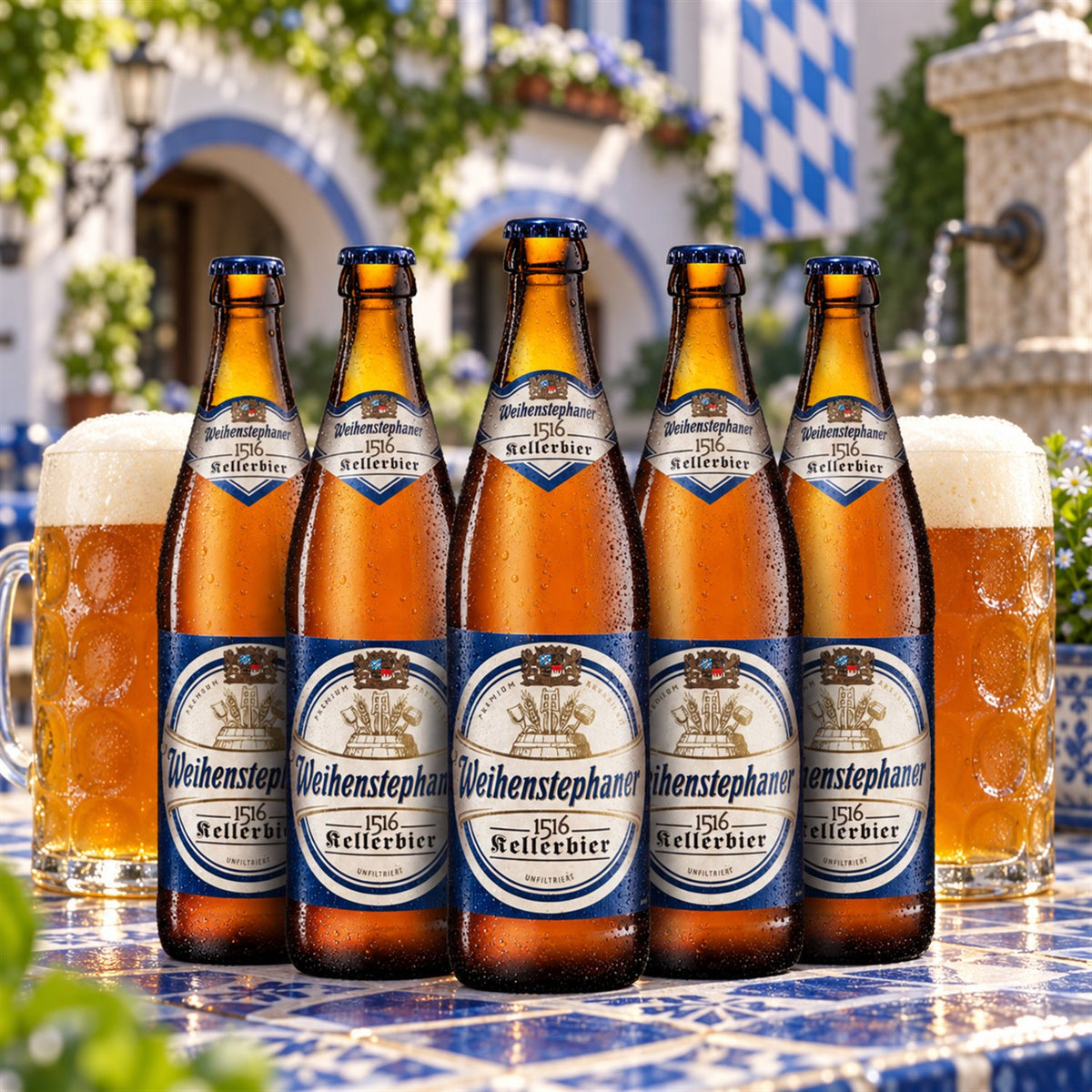 Weihenstephan Kellerbier 1516 Caja 20x50cl Botella: bebida servida en vaso junto a su envase