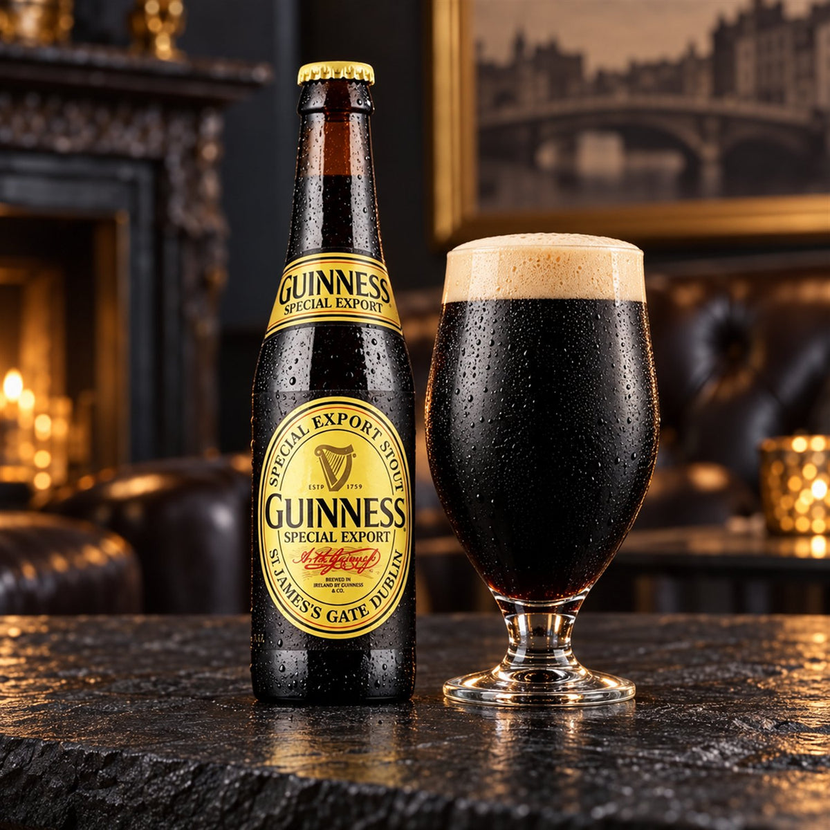 Guinness Export: bebida servida en vaso junto a su envase
