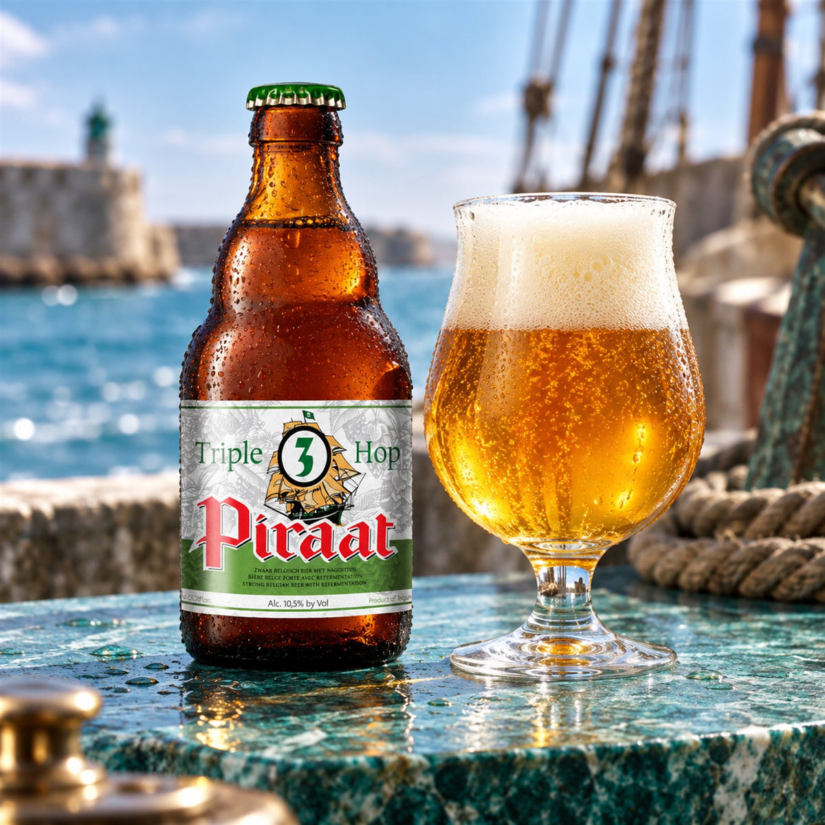 Piraat Triple Hop: bebida servida en vaso junto a su envase