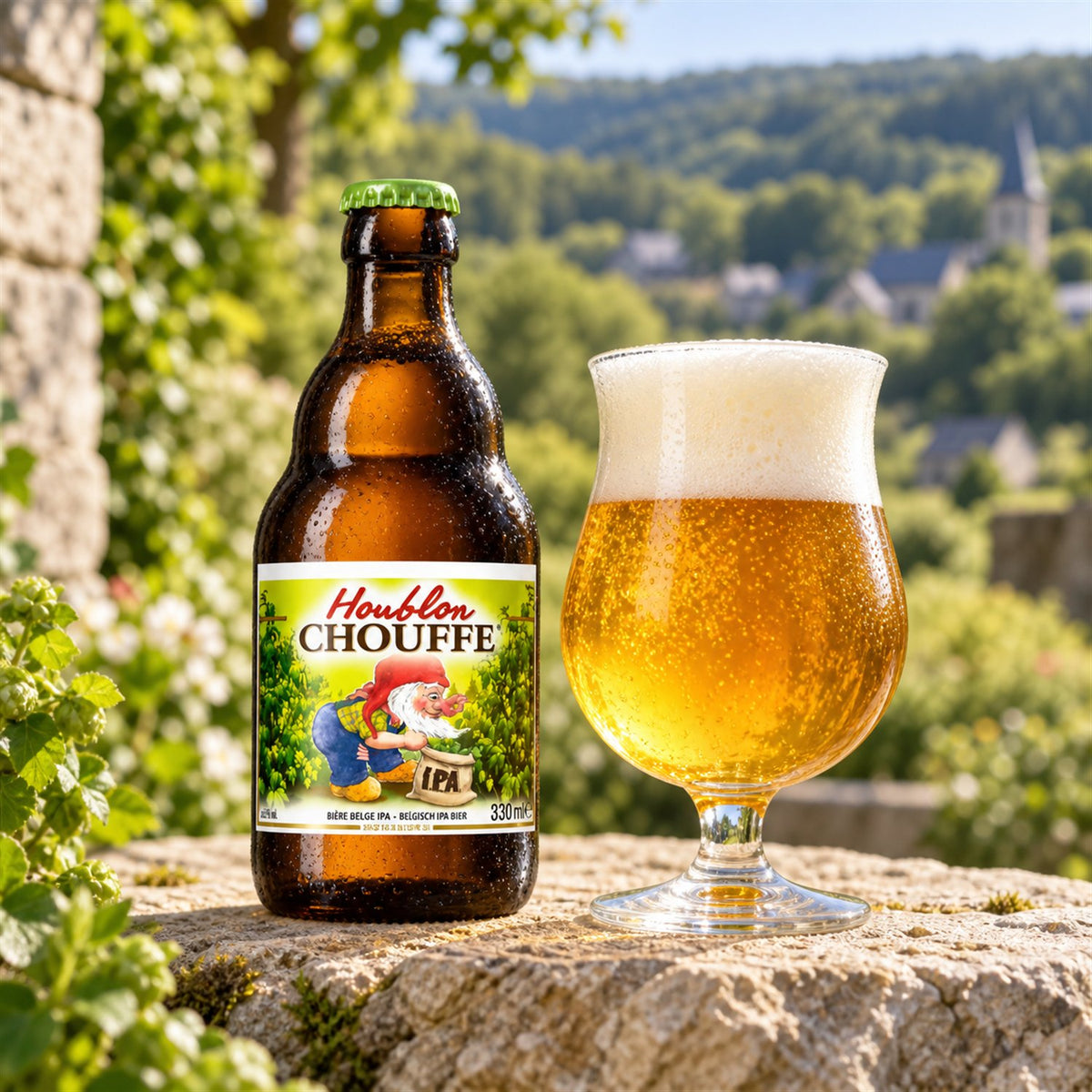 La Chouffe Houblon: bebida servida en vaso junto a su envase