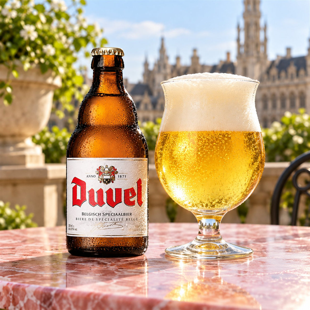 Duvel: bebida servida en vaso junto a su envase