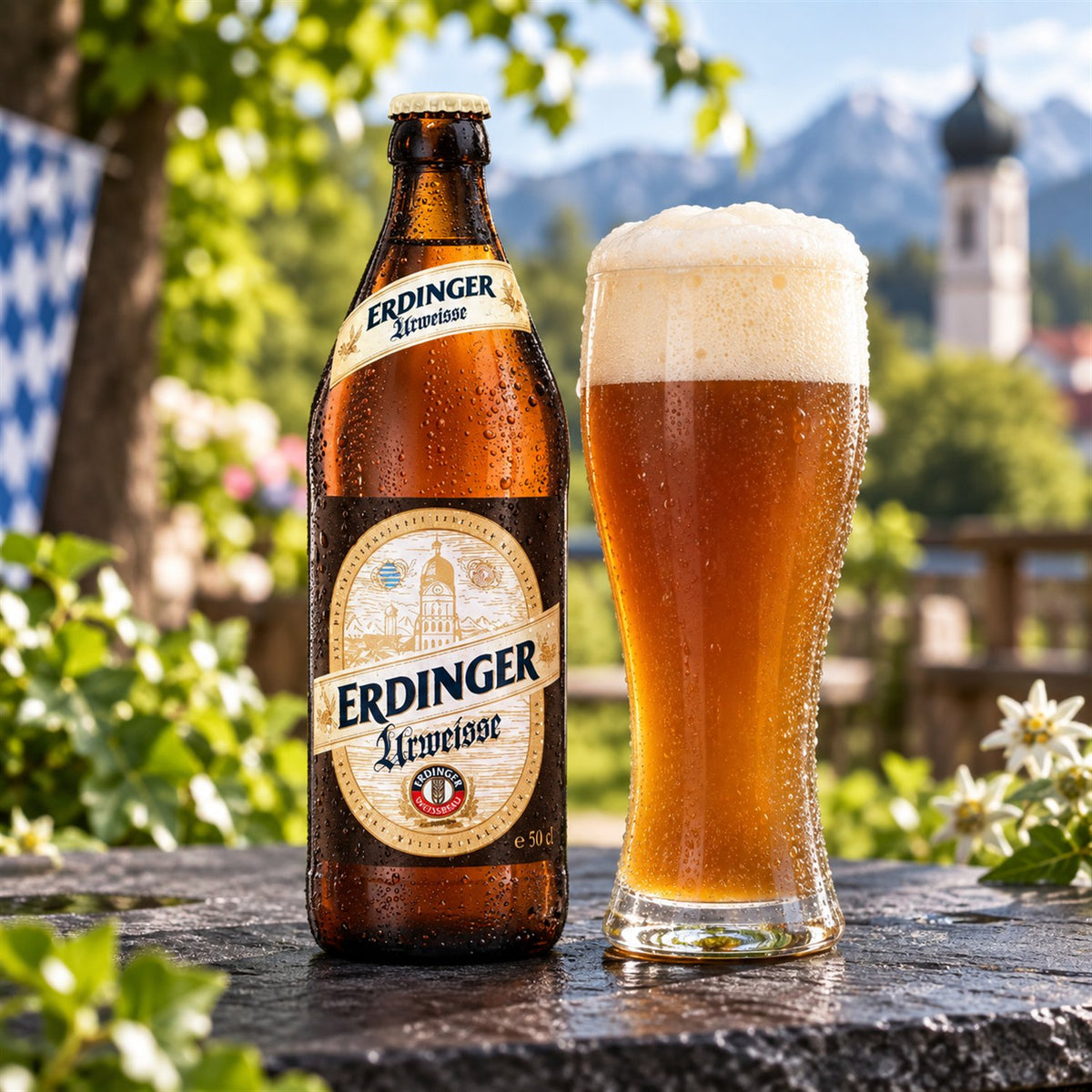 Erdinger Urweisse: bebida servida en vaso junto a su envase