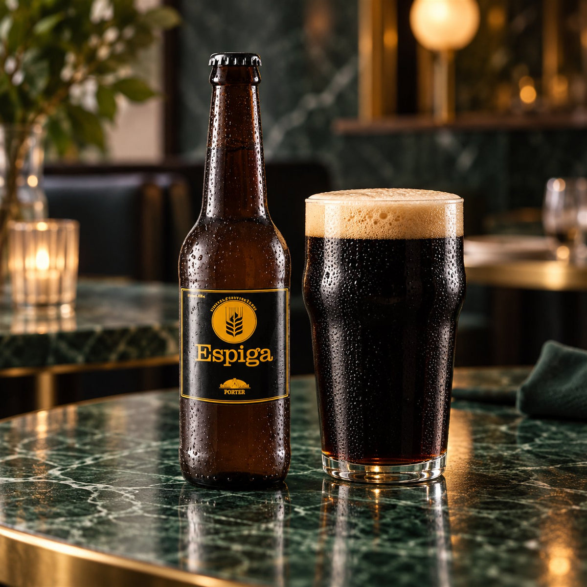 Espiga Porter: bebida servida en vaso junto a su envase