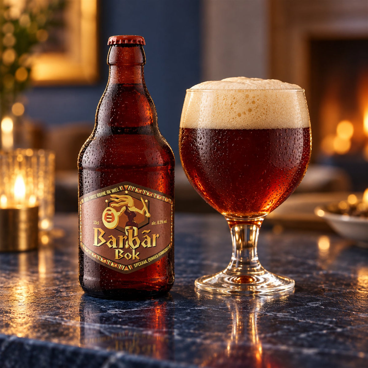 Barbar Bok: bebida servida en vaso junto a su envase