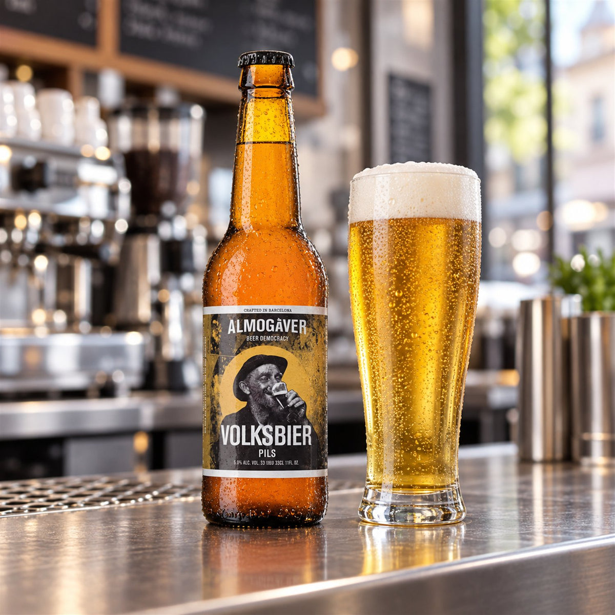 Almogàver Volksbier: bebida servida en vaso junto a su envase
