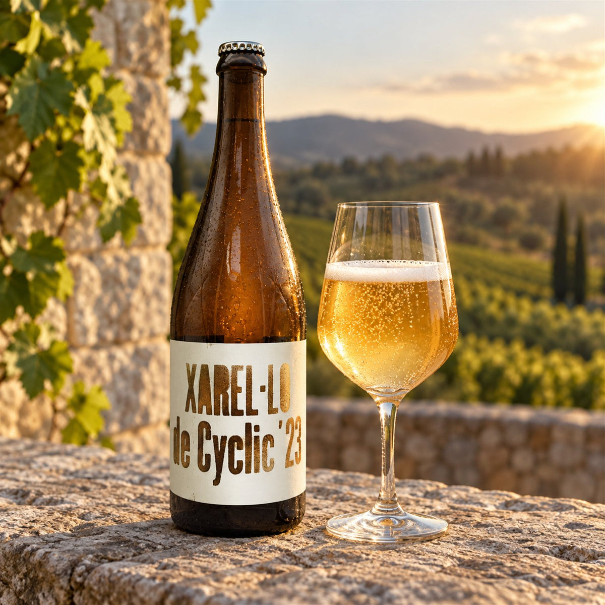 Cyclic Xarel.lo: bebida servida en vaso junto a su envase