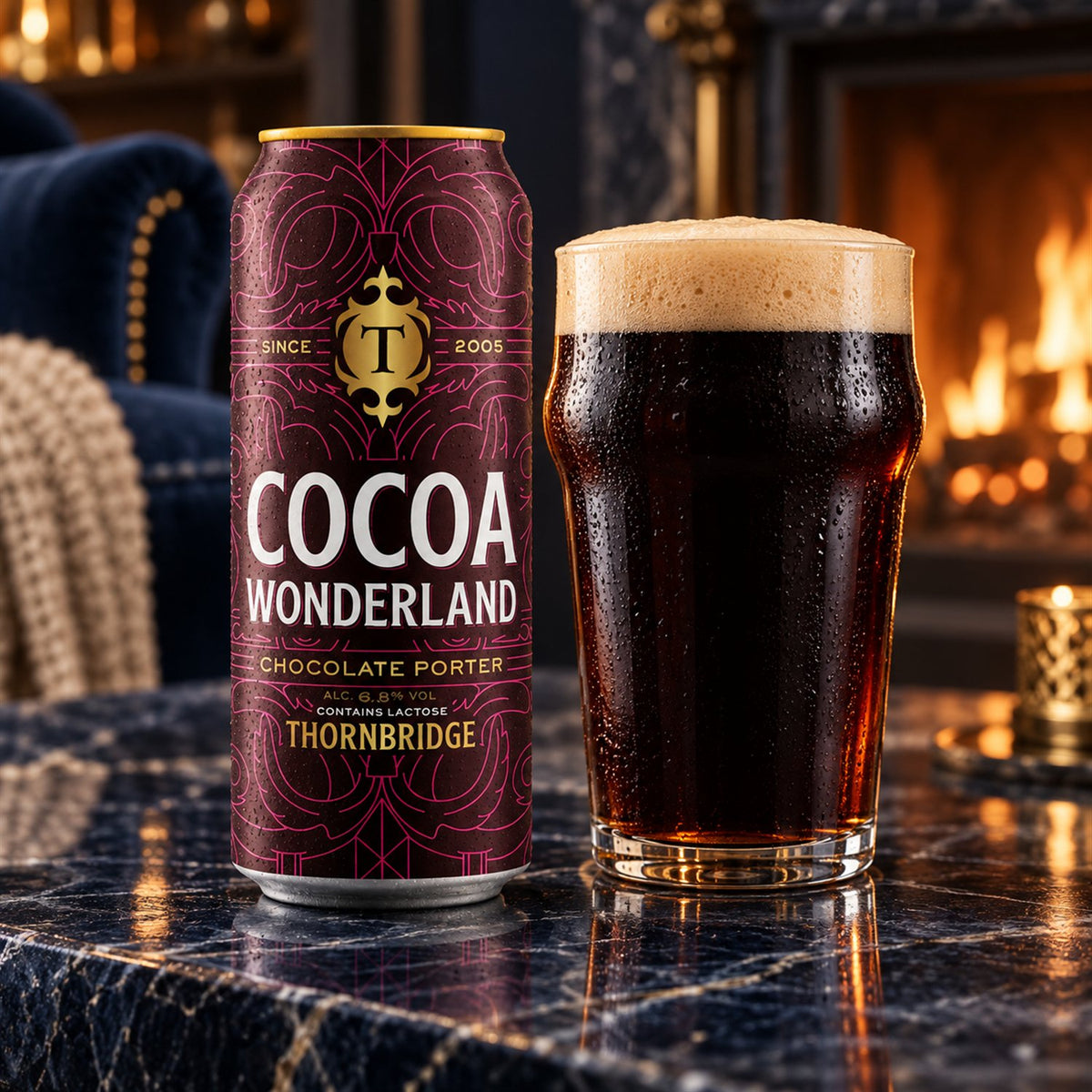 Thornbridge Cocoa Wonderland: bebida servida en vaso junto a su envase