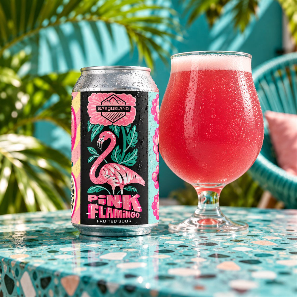 Basqueland Pink Flamingo: bebida servida en vaso junto a su envase