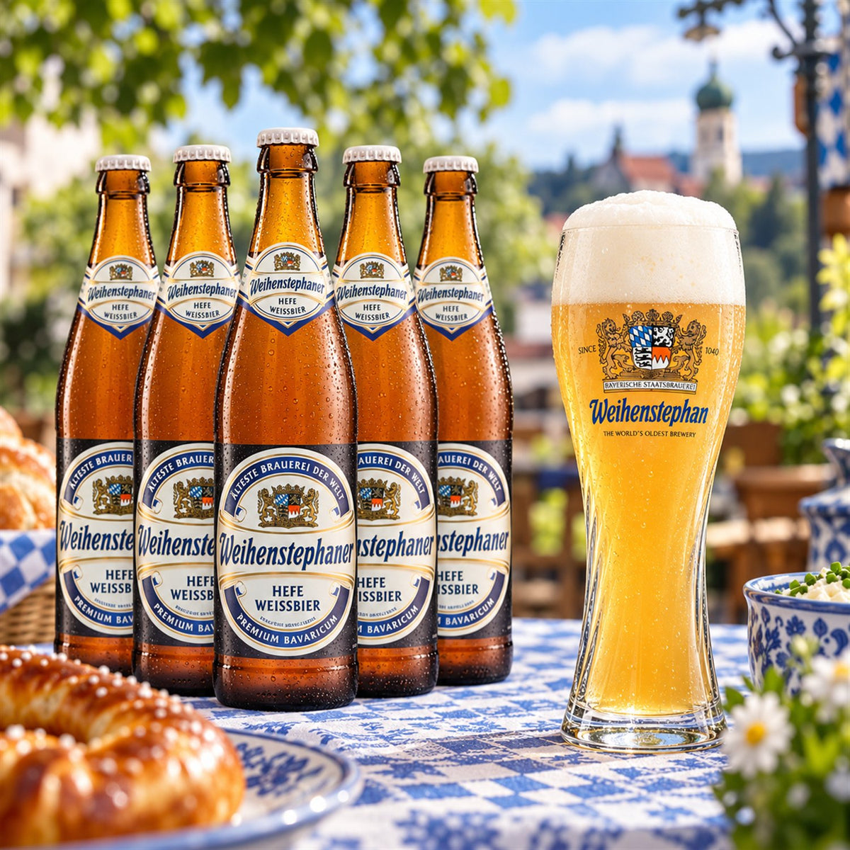 Pack Weihenstephan Hefeweissbier Caja 20x50cl + Vaso trigo: bebida servida en vaso junto a su envase