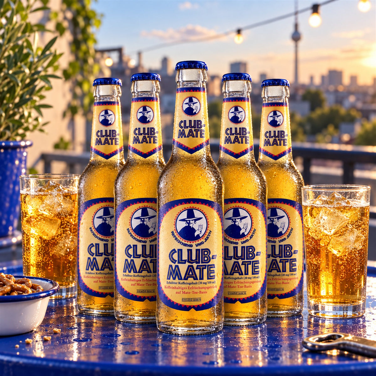 Club Mate Original Caja 24x33cl: bebida servida en vaso junto a su envase