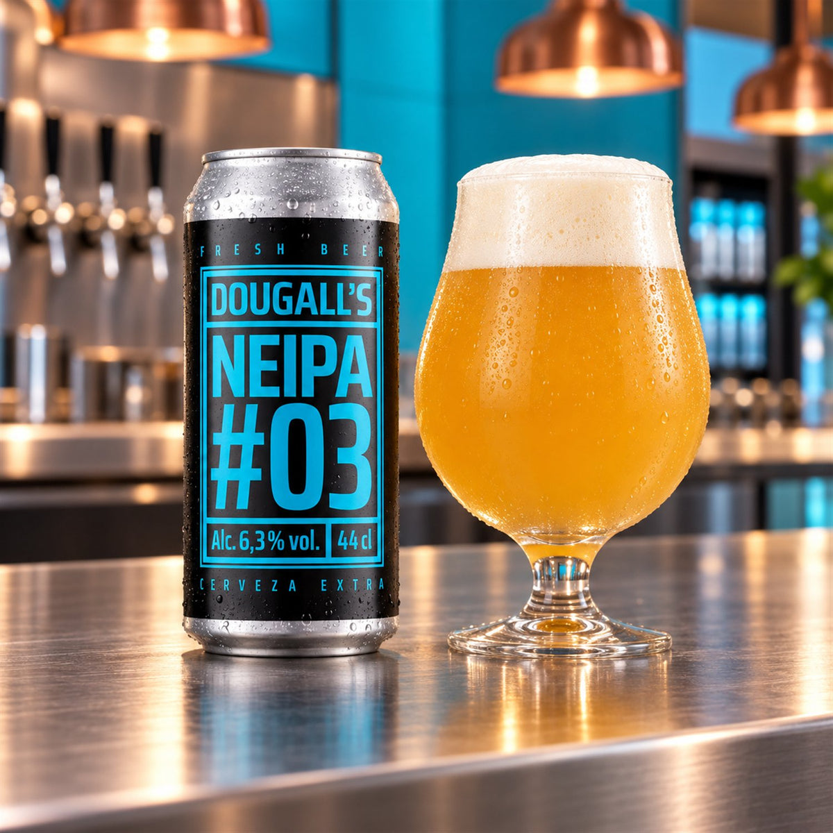 Dougall's NEIPA 03: bebida servida en vaso junto a su envase