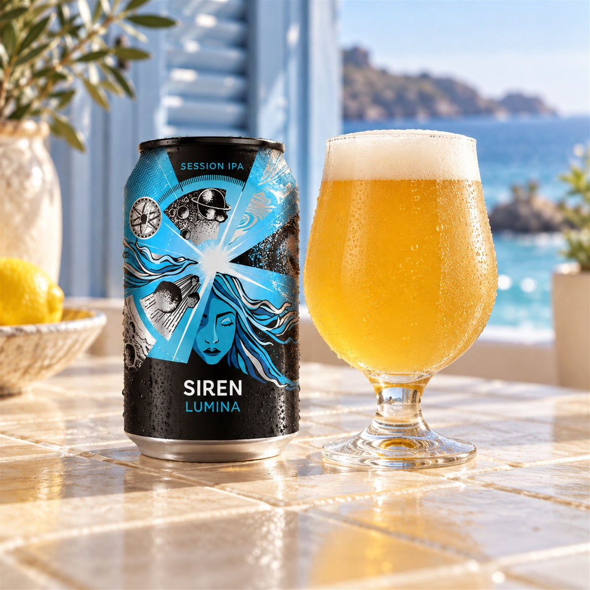 Siren Lumina: bebida servida en vaso junto a su envase