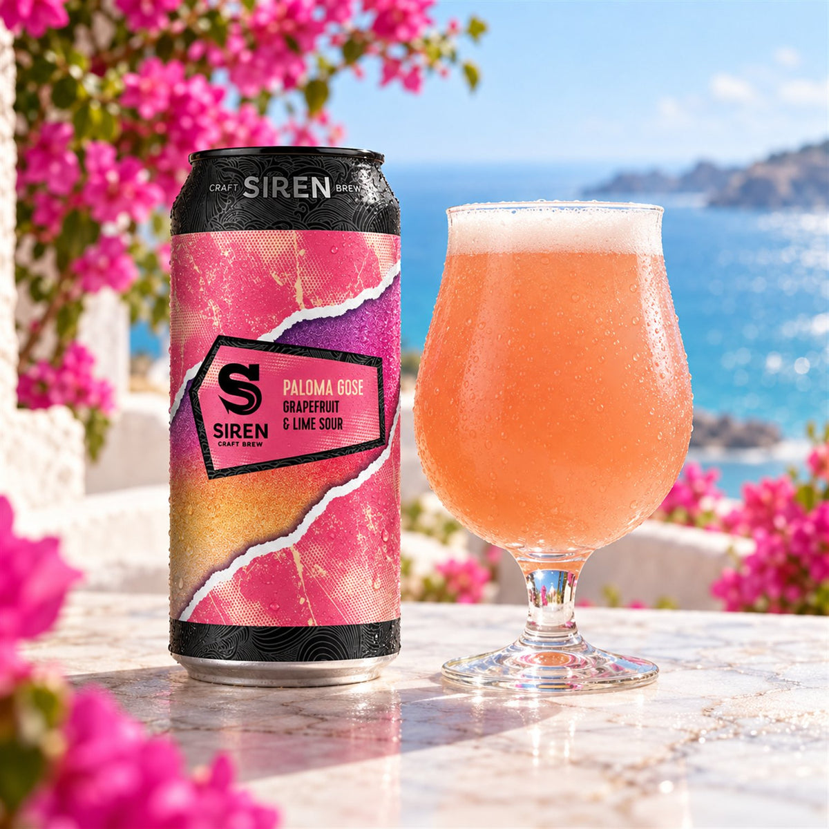 Siren Paloma Gose: bebida servida en vaso junto a su envase