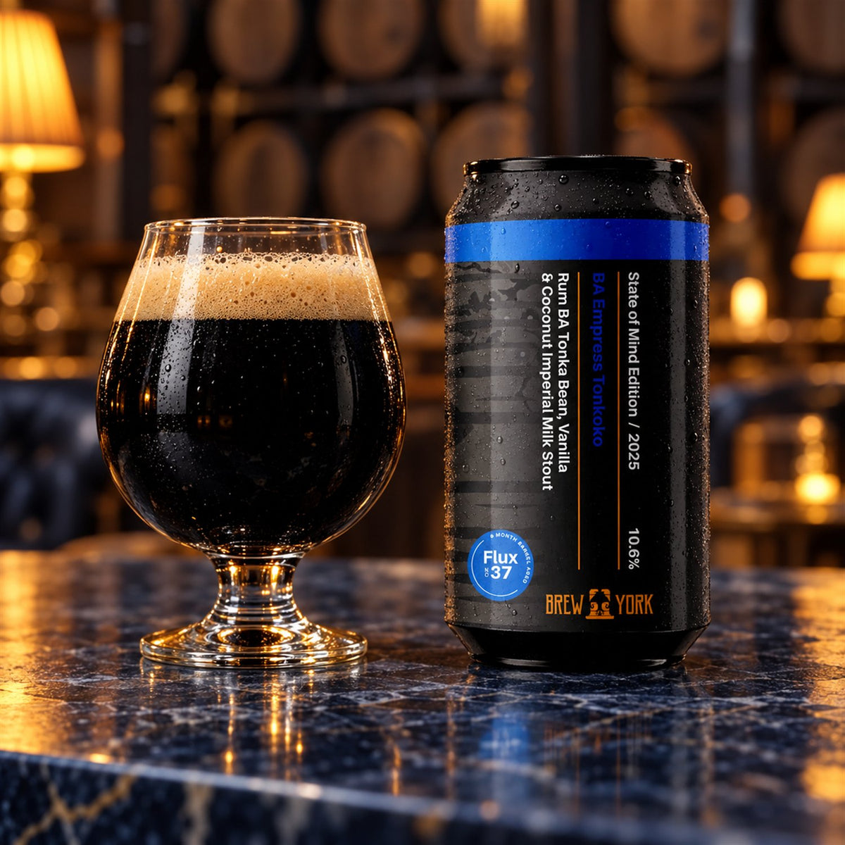 Brew York Rum BA Empress Tonkoko 2025: bebida servida en vaso junto a su envase