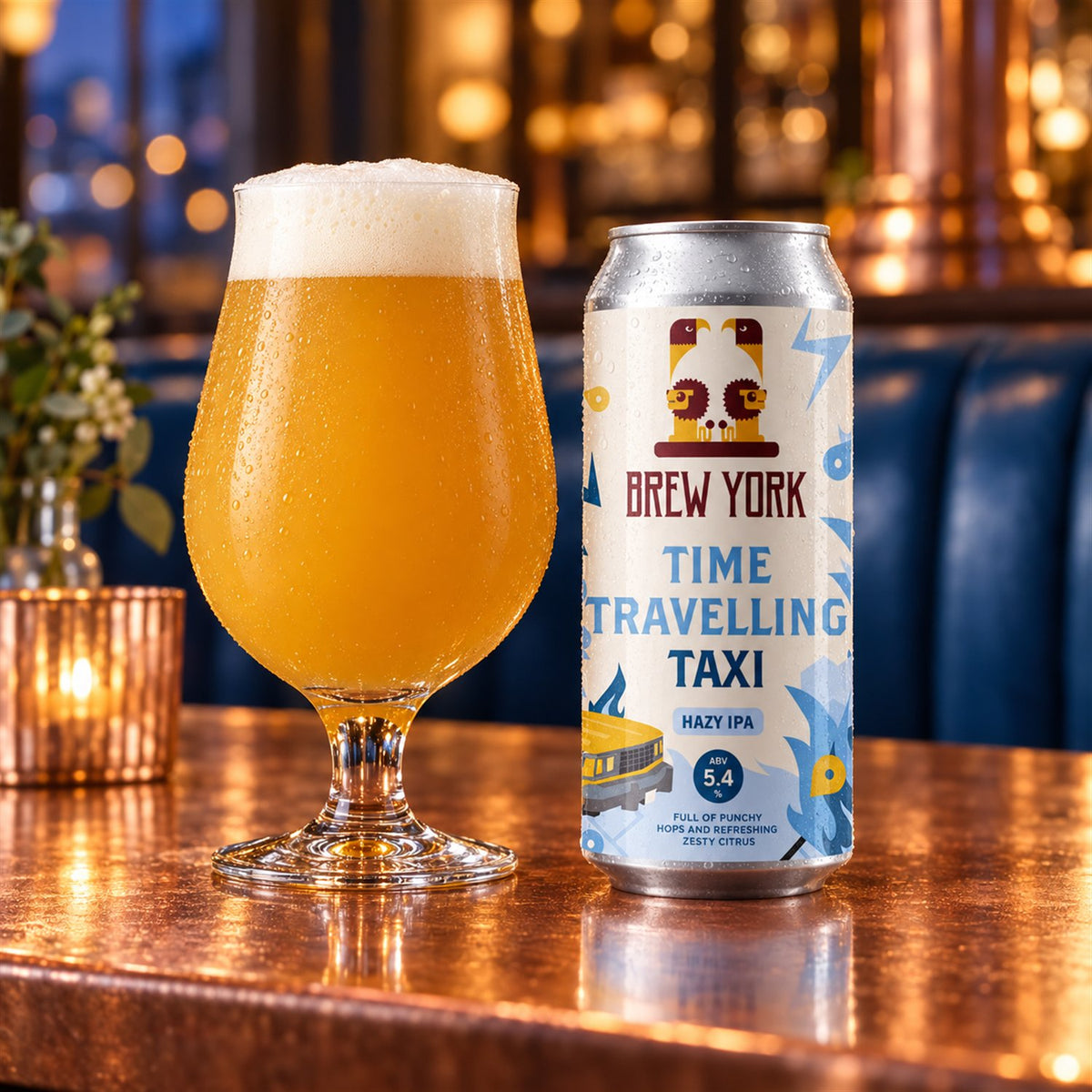 Brew York Time Traveling Taxi: bebida servida en vaso junto a su envase