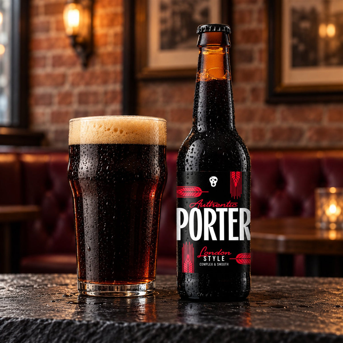 La Pirata Authentic Porter: bebida servida en vaso junto a su envase