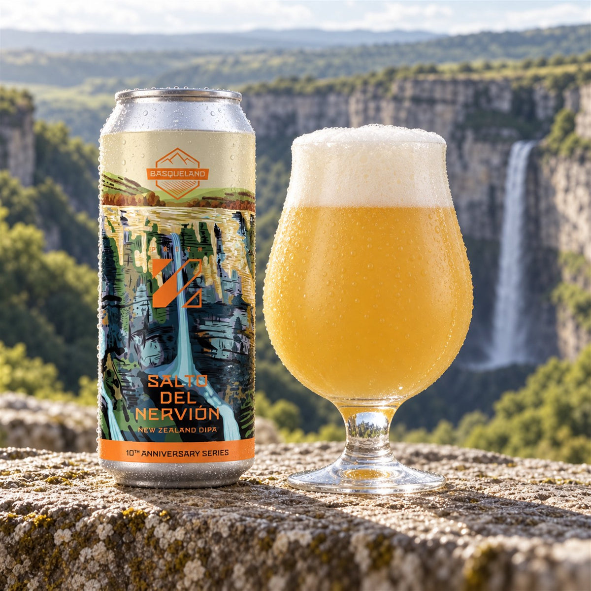 Basqueland Salto del Nervion: bebida servida en vaso junto a su envase