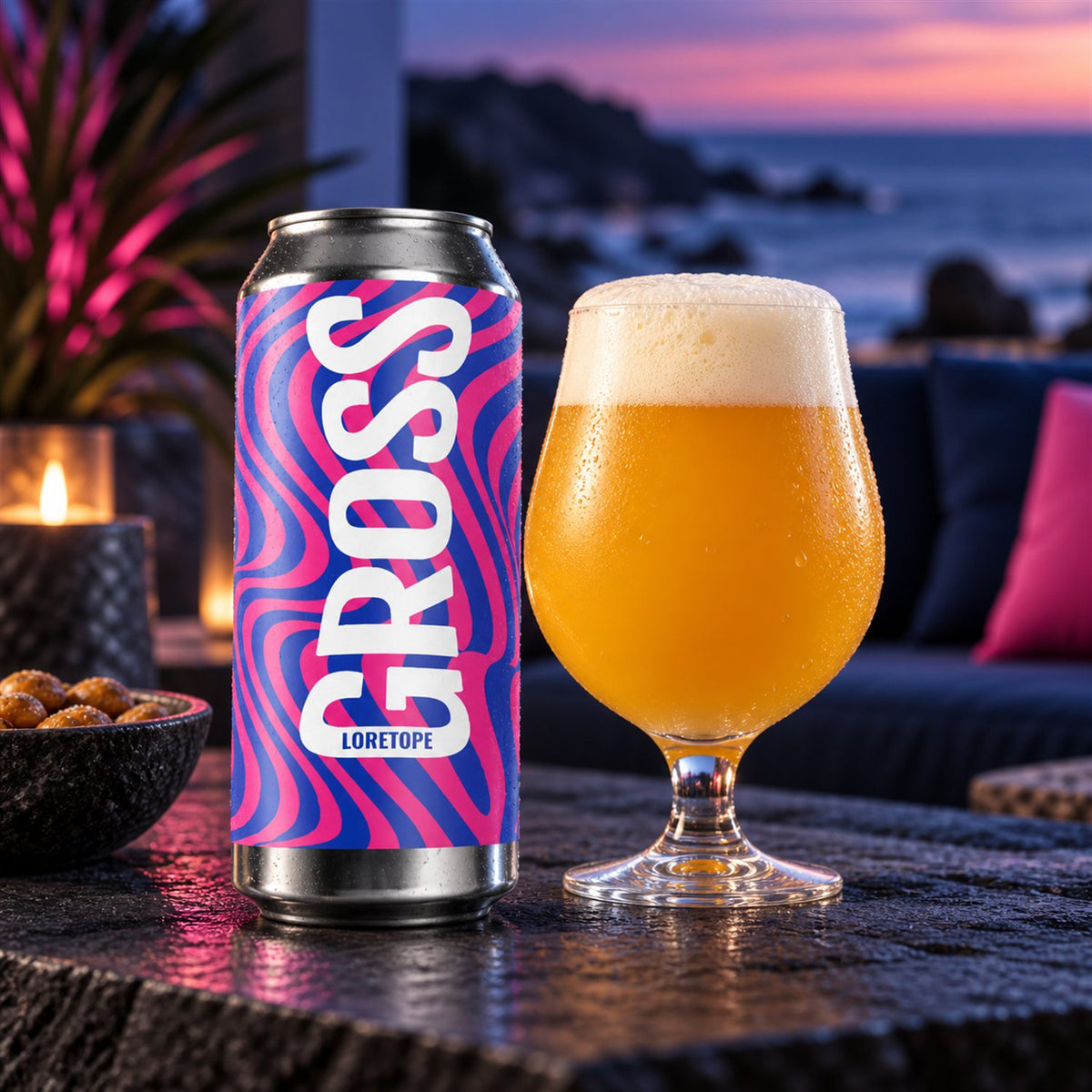 GROSS Loretope: bebida servida en vaso junto a su envase