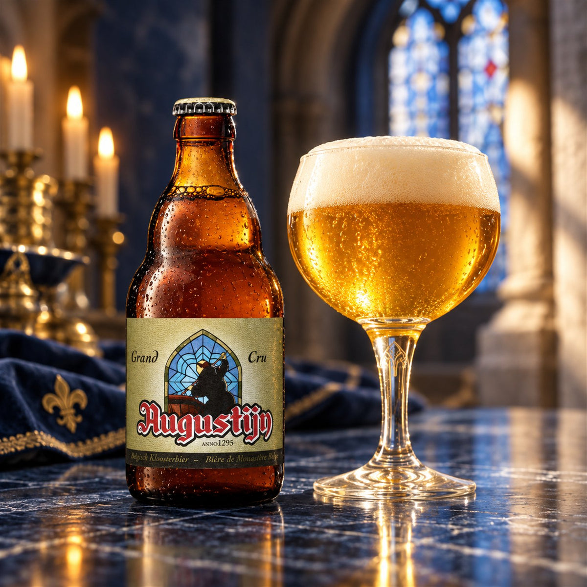 Augustijn Grand Cru: bebida servida en vaso junto a su envase