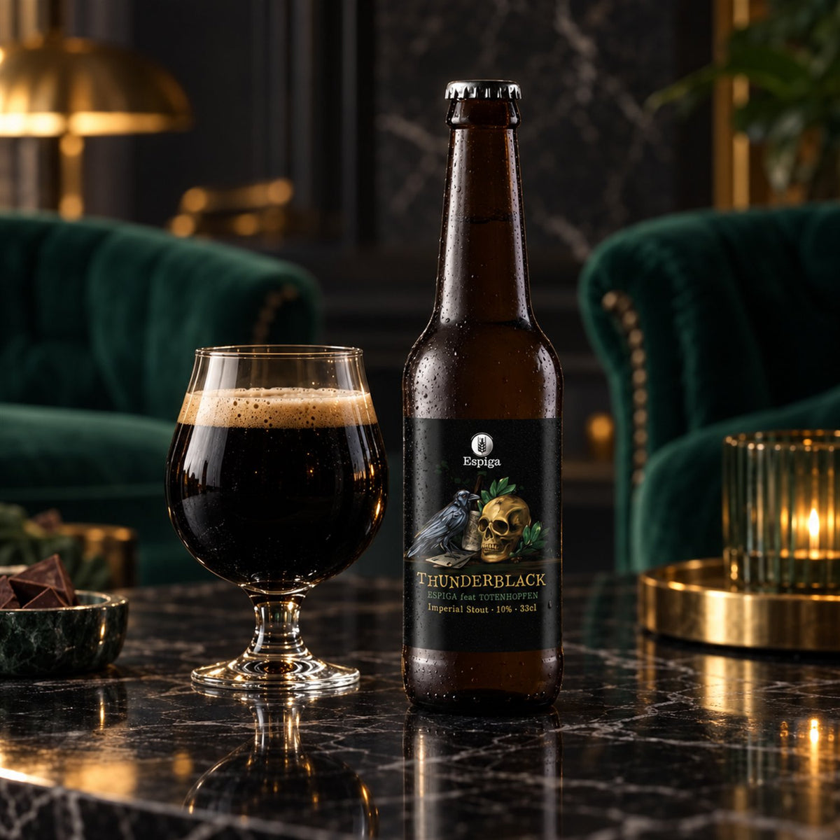 Espiga Thunderblack: bebida servida en vaso junto a su envase