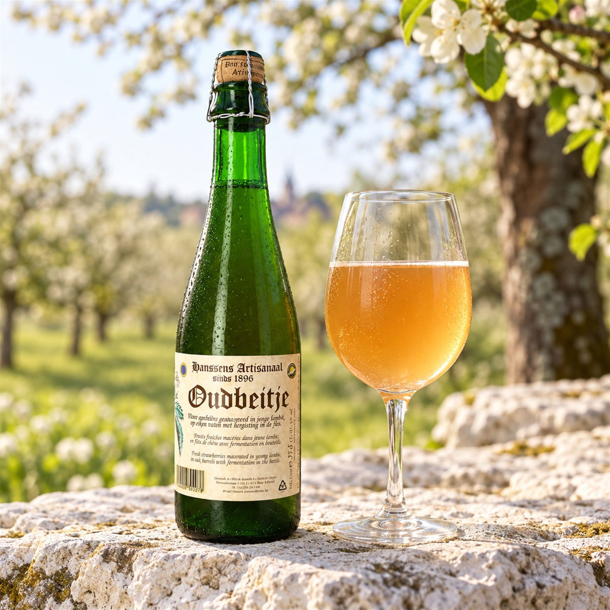 Hanssens Oudbeitje: bebida servida en vaso junto a su envase