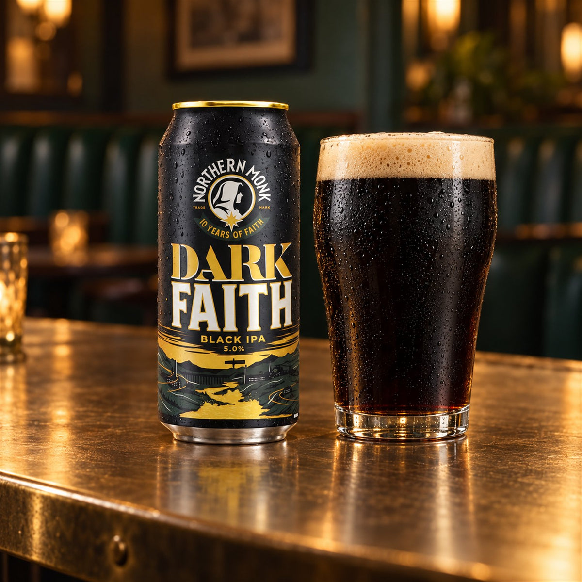 Northern Monk Dark Faith: bebida servida en vaso junto a su envase