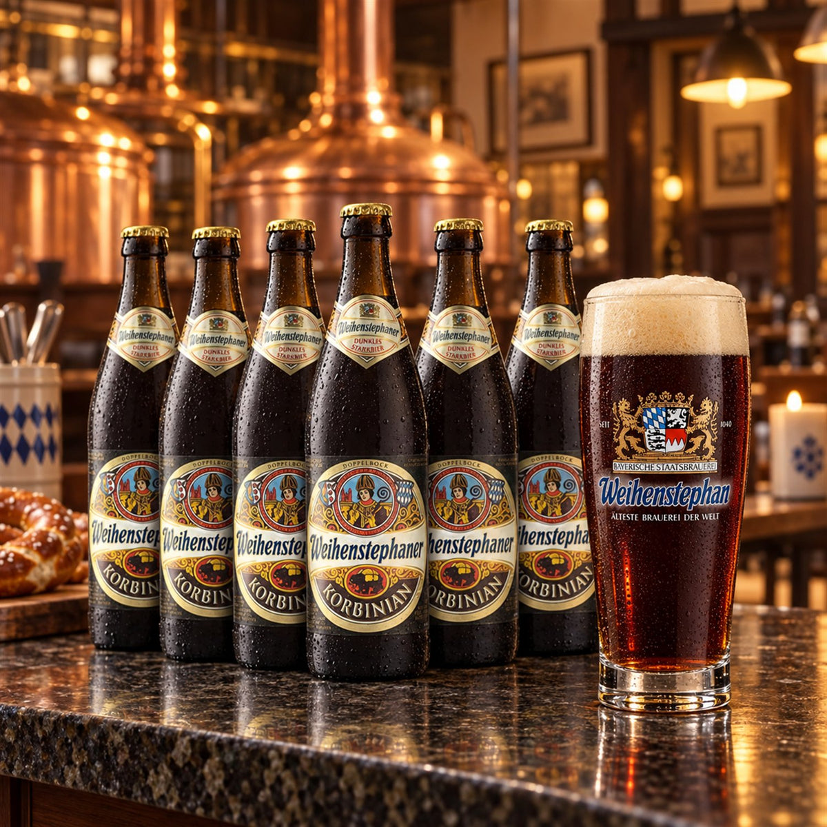 Pack Weihenstephan Korbinian 6 botellas 50cl + Vaso de regalo: bebida servida en vaso junto a su envase
