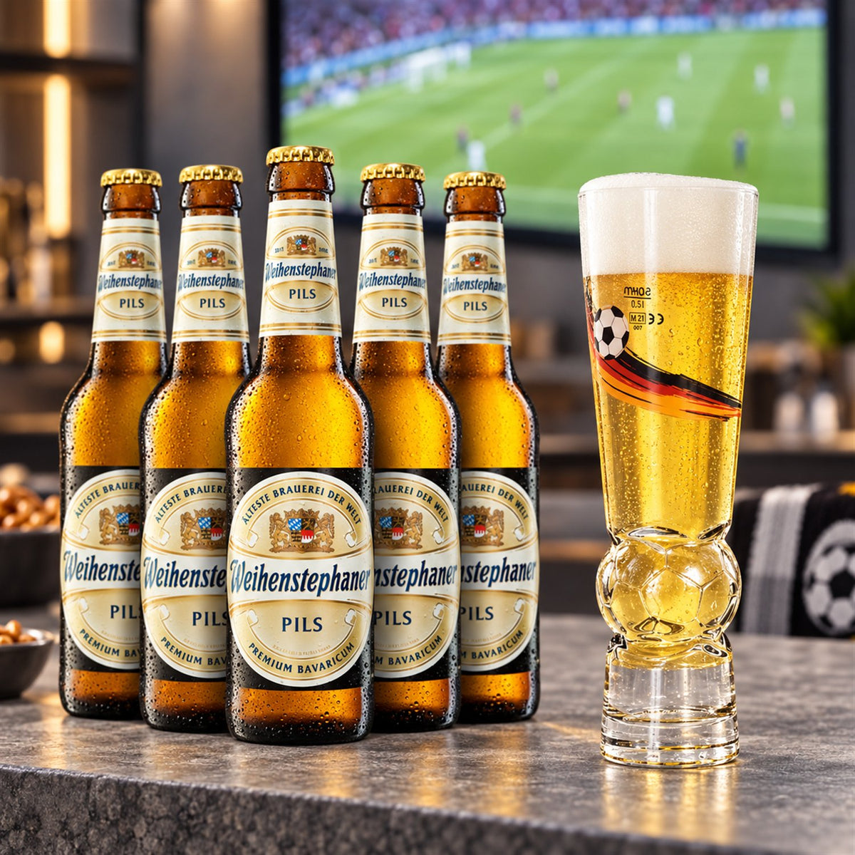 Pack Weihenstephan Pils 33cl + 6 Vasos balón de fútbol de regalo: bebida servida en vaso junto a su envase