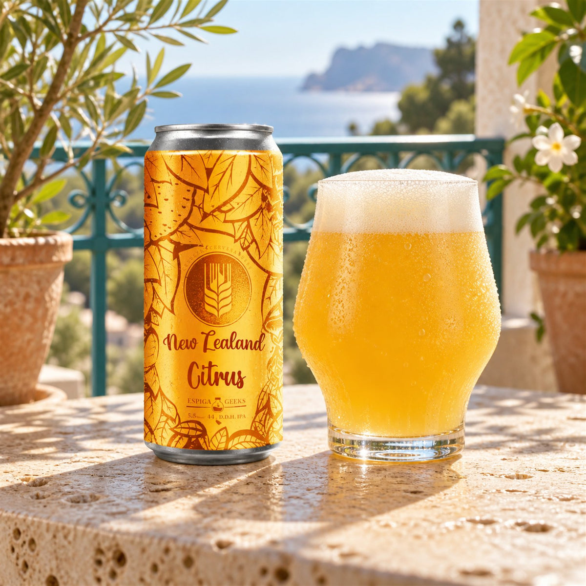 Espiga Zealand Citrus: bebida servida en vaso junto a su envase