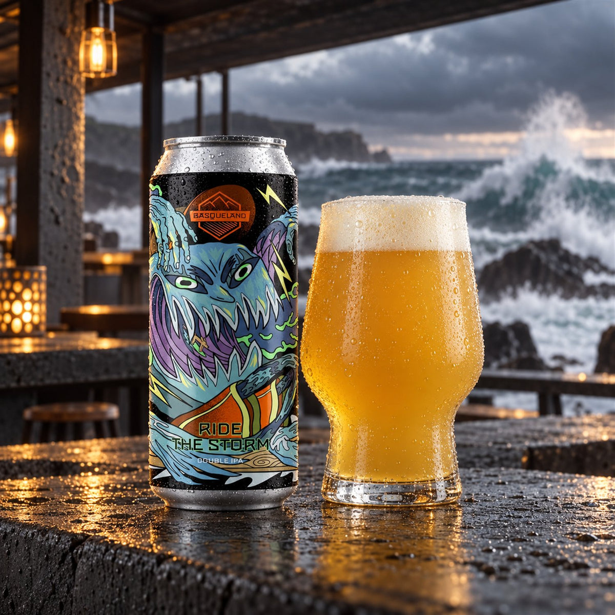 Basqueland Ride the Storm: bebida servida en vaso junto a su envase