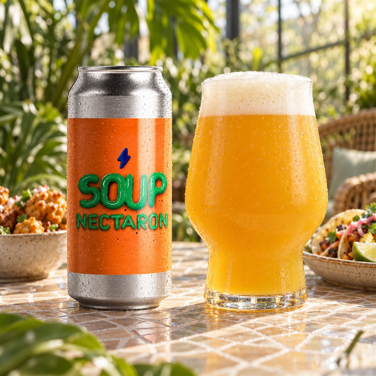 Garage Nectaron Soup: bebida servida en vaso junto a su envase