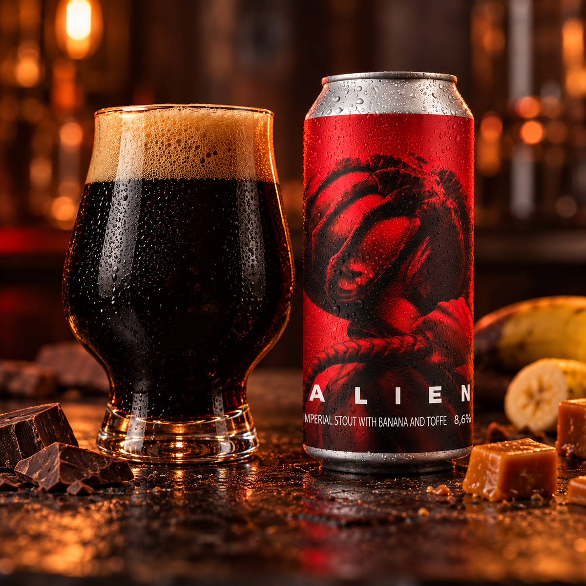 La Calavera Alien: envase junto a cerveza servida en ambiente