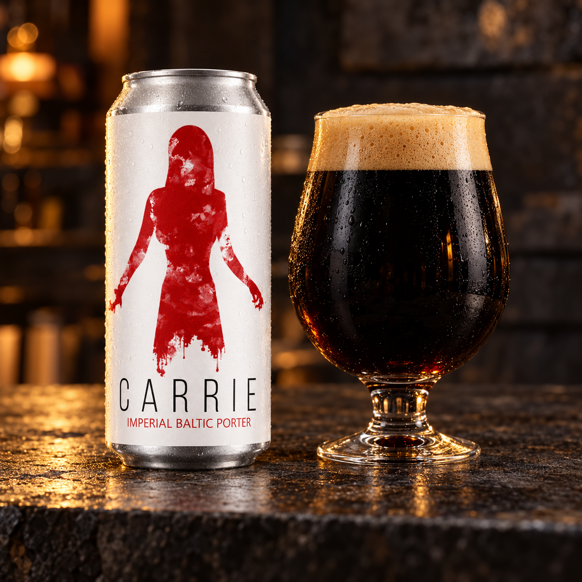 La Calavera Carrie: envase junto a cerveza servida en ambiente