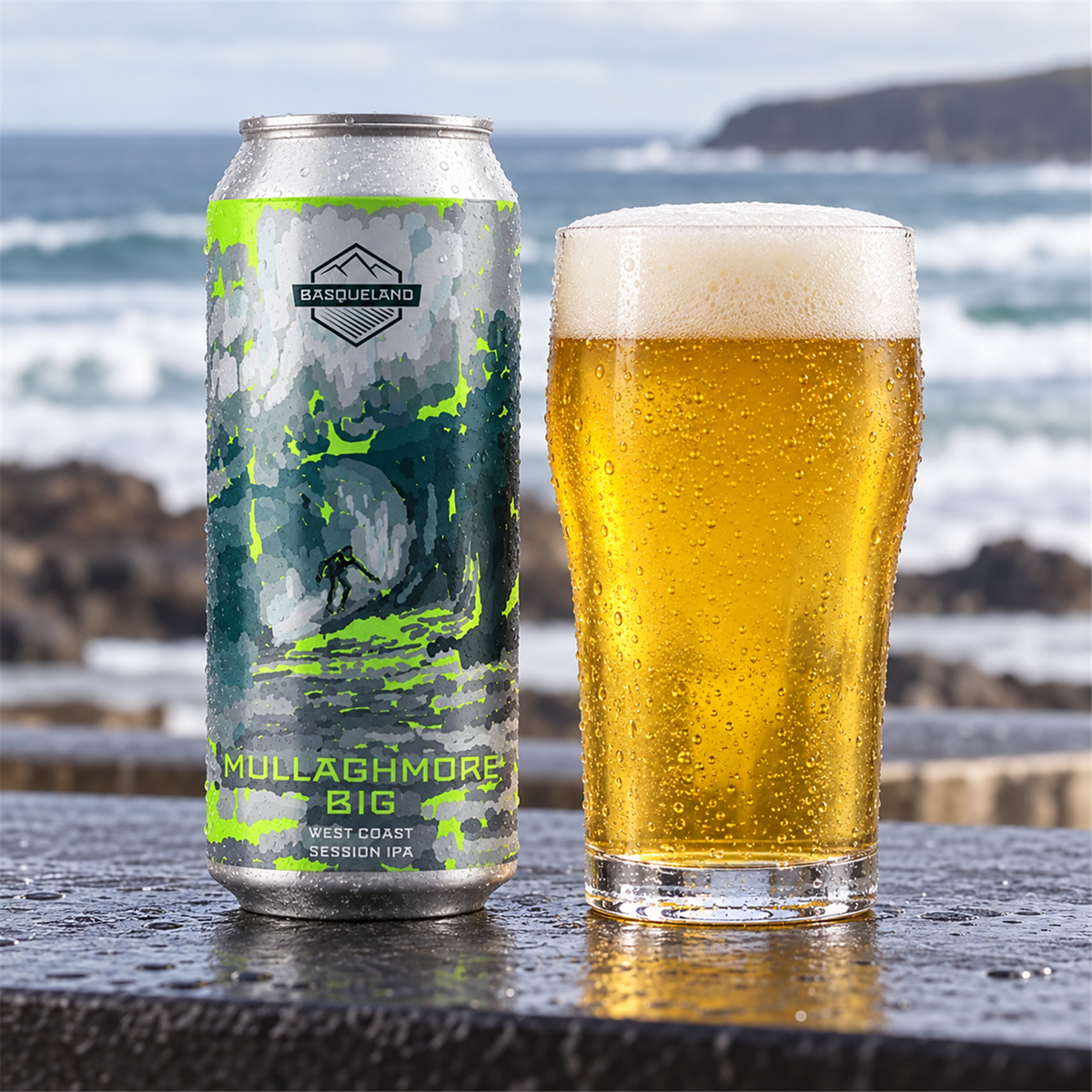 Basqueland Mullaghmore Big: bebida servida en vaso junto a su envase